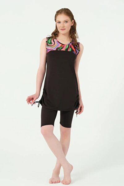 Bordomix 25841 Women's Black Collar Patterned Skirt Adjustable Sleeveless Swimsuit with Leggings