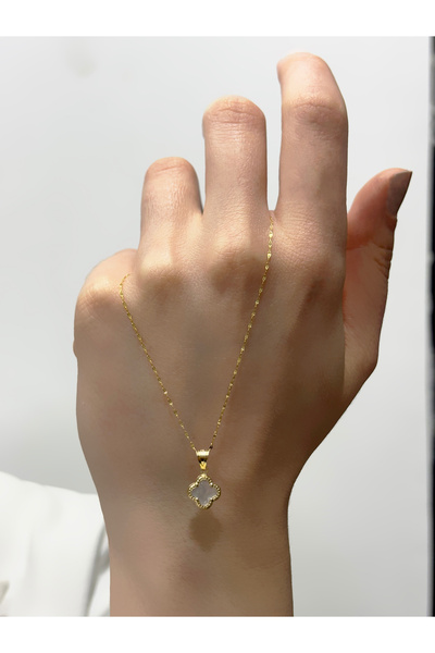 DİAMİNE PIRLANTA 14 Ayar Altın Beyaz Sedefli Taşlı Yonca Kolye