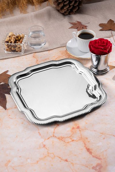 Aslı Hediyelik 1 Piece Luxury Edge Line Patterned Silver Daisy Model Stainless Steel Serving, Tea, Coffee Presentation Tray