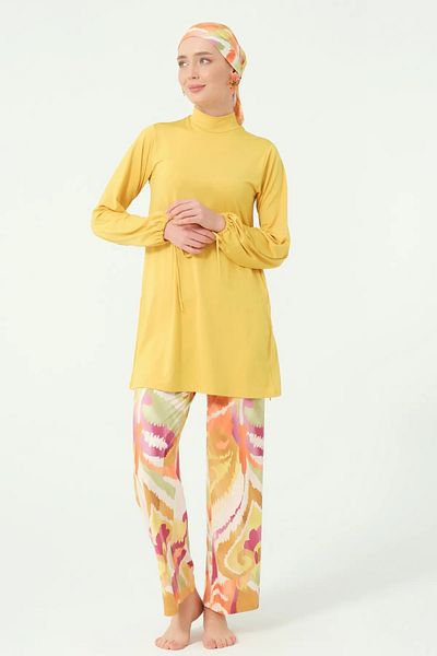 Bordomix 25645 Women's Yellow Trousers Patterned Stylish Hijab Swimsuit