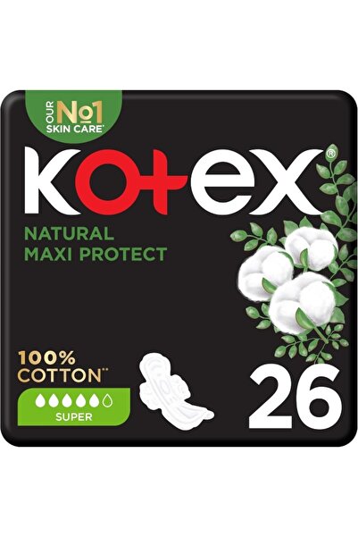 Kotex Natural Maxi Protect Thick Pads, 100% Cotton Pad, Super Size with Wings, 26 Sanitary Pads