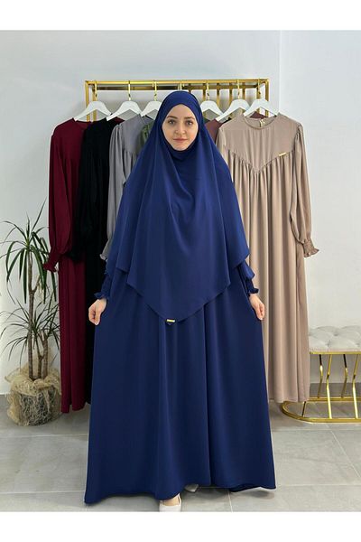 R&S modibone Hijab Front V Model Gathered Dress, Soufflé Scarf Suit, Abaya Hijab Indigo