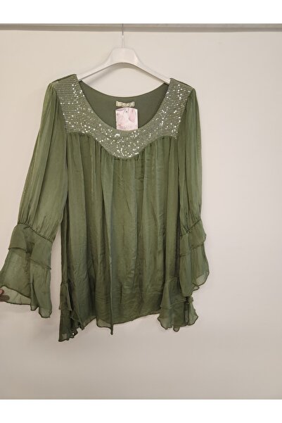 della moor Khaki Italian Sequined Silk Blended Blouse