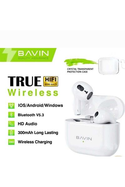 Bavin بافين BA37 سماعة لاسلكية تعمل بالبلوتوث شحن لاسلكي سماعات أذن ستيريو هاي فاي التحكم باللمس أبيض