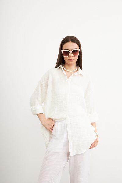 Bipantolon Cămașă de muselină de bază albă oversize pentru femei