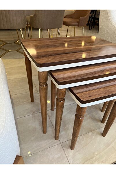 AKSET 3lü Ultra Lüx Parlak Ceviz Zigon Sehpa