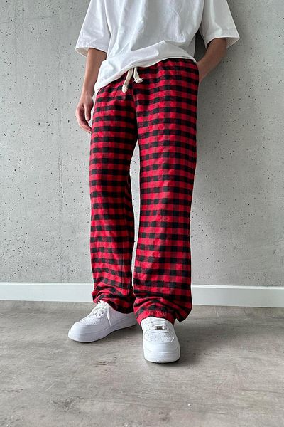 BİQ & TAQ BUTİK Red Black Square Plaid Patterned Comfortable Unisex Oversize Sweatpants Pajamas