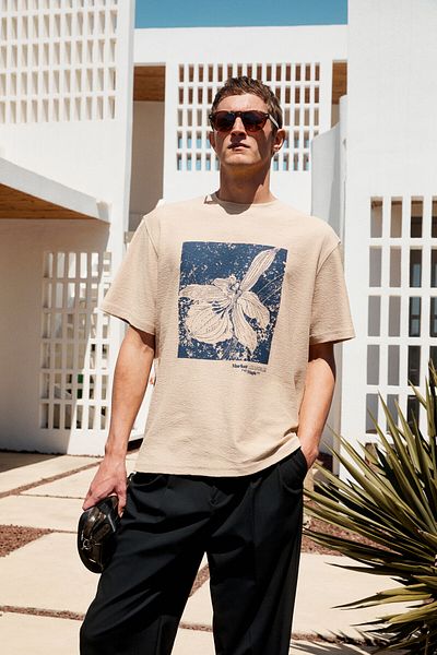 GRIMELANGE Nord Men's Print Detailed 100% Organic Cotton Oversize Short Sleeve Crew Neck Beige T-Shirt
