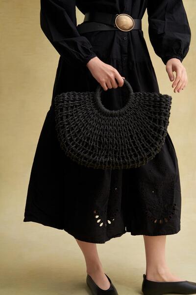 carell Kulplu Örgü Detay Hasır Çanta Siyah