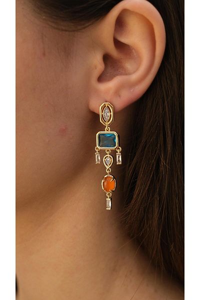 Jerie Gold Geometric Blue and Orange Stone Detailed Design Earrings