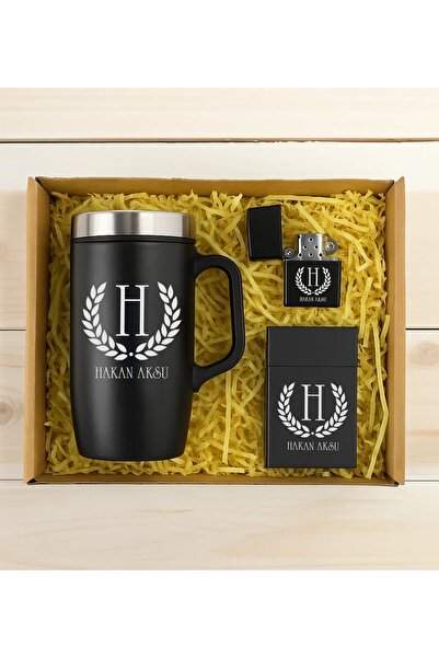 Bk Gift Kişiye Özel İsimli Siyah Kulplu Termos & Çakmak & Sigara Kutusu Hediy...