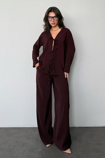 Madmext Brown Front Tie-Up Bottom Top Set Mg2473