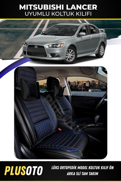 PlusOto مجموعة أغطية مقاعد السيارة المتوافقة مع سلسلة Mitsubishi Lancer Plus Lux باللون الأسود والأزرق مكونة من 5 قطع P-630