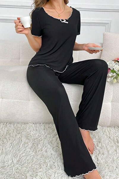 BELLA NOTTE Siyah Pamuklu Fırfır Ve Fiyonk Detaylı Kısa Kollu Pijama Takımı