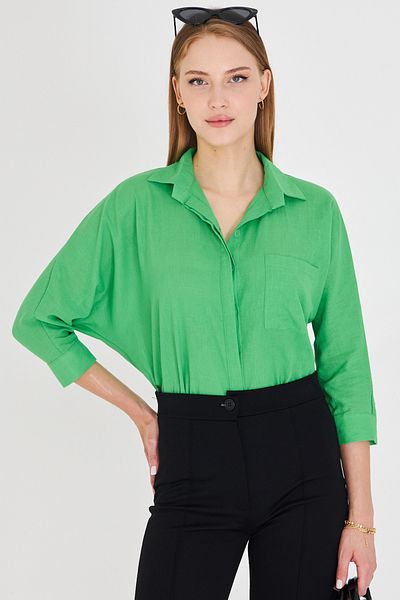 armonika Cămașă casual de in buzunare verde pentru femei ARM-21Y001035