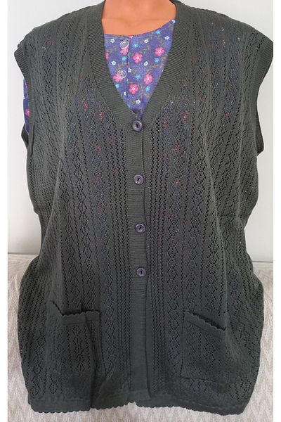 Anne Er Clothing Mother Seasonal Knitted Vest Button Double Pocket Smoke 3XL