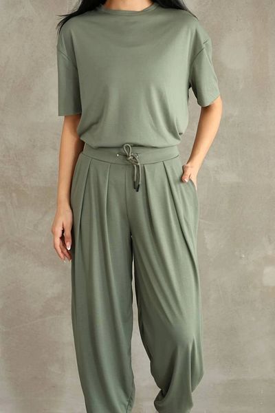 Tam12den Home Oversize Μπλούζα Τ-shirt με Κοντό Μανίκι Jogger Παντελόνι Φόρμας Σετ Φόρμας - Χακί