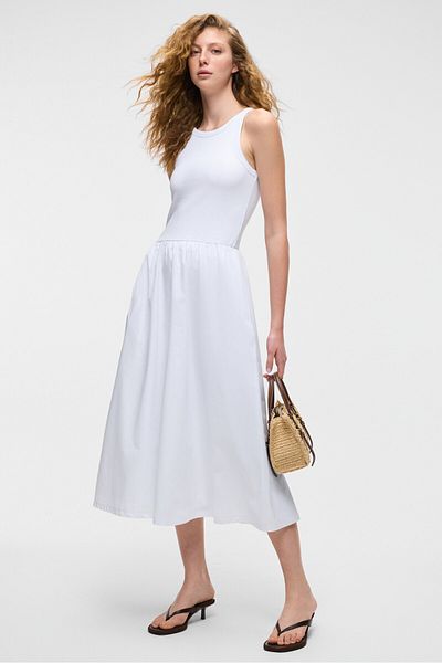 GRIMELANGE Catala Women's Poplin Woven Body Hugging Hollow Collar Zero Sleeve White Dress