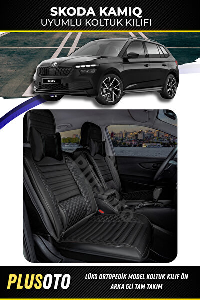 PlusOto مجموعة غطاء مقعد السيارة الأسود المتوافقة مع سلسلة Skoda Kamiq Plus L...