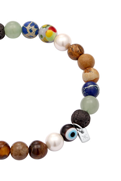 KUZZOI Bracelet Bracelet Men Beads Smiling Face Agate Tigers Eye Shell Pearl Brown Blue 925 Sterling Silver