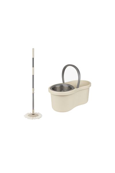 PAA-home Set Mop Rotativ PAA-home cu Galeata, Coada Metalica 360°, Cos Inox si 2 Lavete Microfibra Crem
