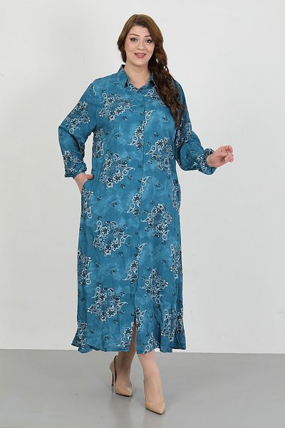 By Alba Collection Women's Indigo Patterned Cotton Viscose Large Size Dress
