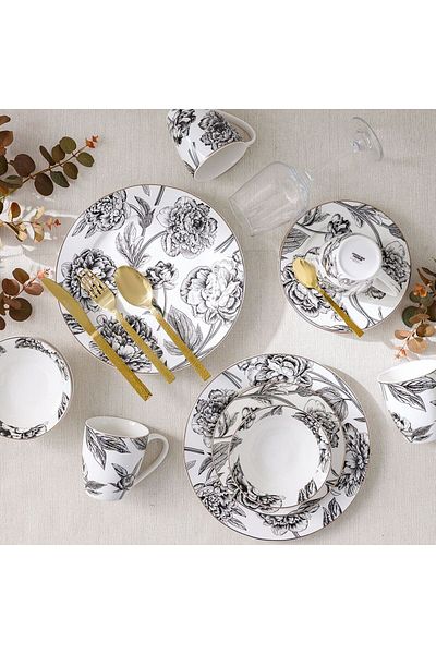 Danube Home Youthful Bite Peonies 16-Piece New Bone China Dinner Set Serves-4