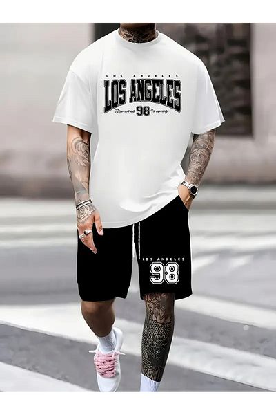 LAND MODA Summer Numbers and Letters Printed Men's Short Sleeve Shorts Casual Fashion Sports Suit