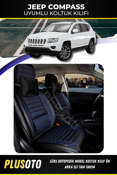 PlusOto Jeep Compass Compatible Plus Lux Series Black Blue Car Seat Cover Set...