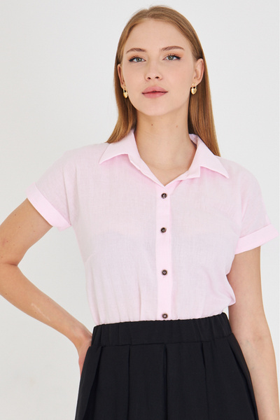 armonika Women's Powder Short Sleeve Linen Shirt ARM-24Y001038