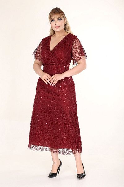 modayız Rochie de seară burgundă cu paiete, cu decolteu dublu, mărime mare 4E-2680