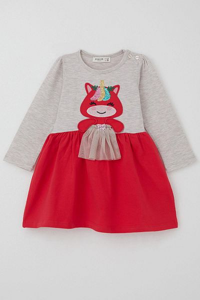 Breeze Girl's Dress for 1-4 Years - Sequin Embroidered Kitten, Beige Melange