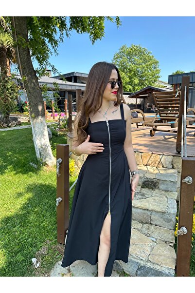 Lidya Collection Siyah Paraşüt Kumaş Fermuarlı Elbise