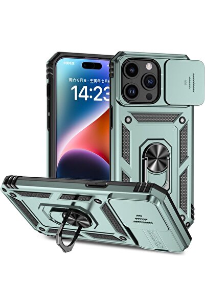 Rivor Apple iPhone 14 Pro Max Kılıf Kamera Sürgülü Standlı Yüzüklü Darbe Emic...