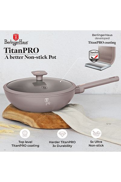 Berlinger Titanium Wok Pan Nonstick And Lid 28 Cm Taupe Collection Induction All Stoves