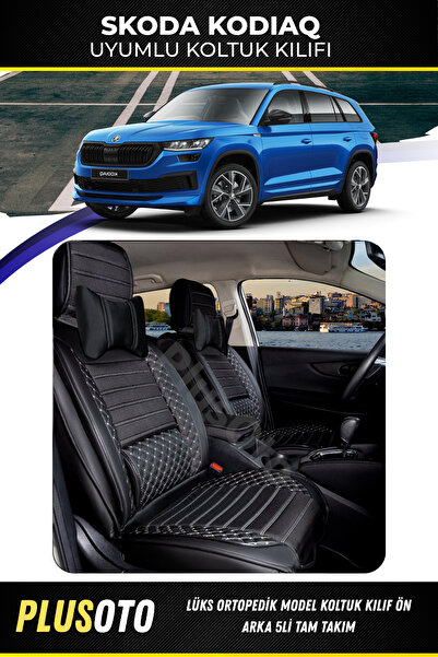 PlusOto سكودا كودياق متوافق مع سلسلة بلس لوكس أسود أبيض غطاء مقعد السيارة مجم...