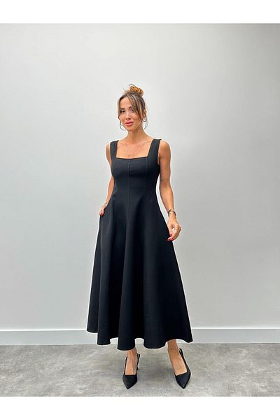Maldia Shop Γυναικείο Φόρεμα με Χοντρό Λουράκι Τετράγωνο Γιακά Μαύρο Flared