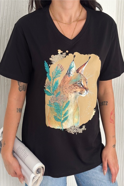 FEMELLE Women's Black V-Neck Large Size Cat Sequin Sequin Embroidered 100% Cotton Large Size T-Shirt