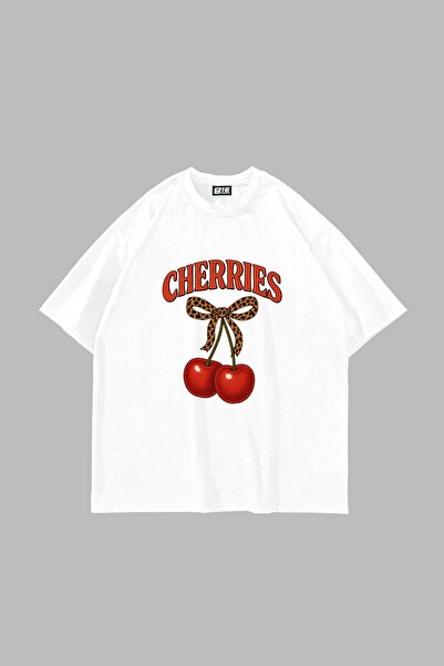 Bak Moda Trešnje Štampano Oversize kroj Unisex bela majica