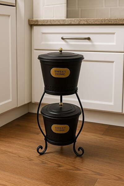 Magic Objects 2 Katlı Metal Orta Boy Patates Soğan Kovası Kabı Sebzelik Patateslik Soğanlık Sepeti Siyah