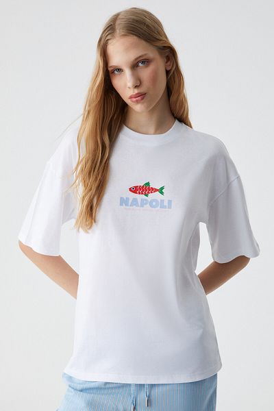 GRIMELANGE Caıtlyn Women's 100% Cotton Oversize Crew Neck White T-Shirt