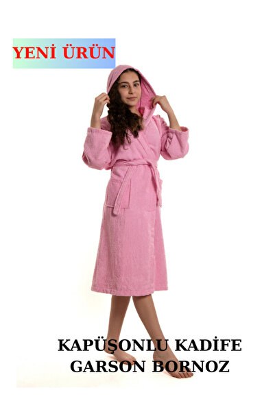 ROZET TEKSTİL Pamuklu Kapüşonlu Genç Garson Boy Unisex Cepli Bukle Kadife Bornoz