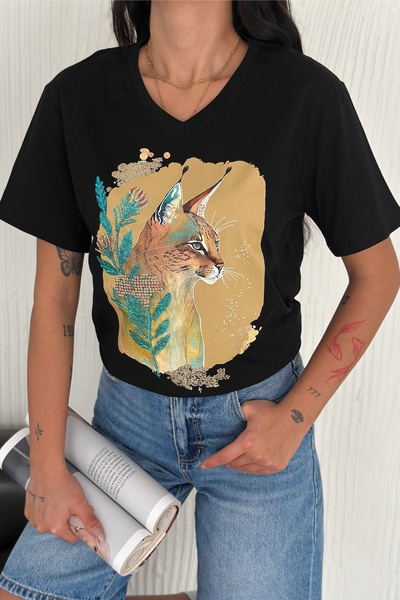 FEMELLE Women's Black V-Neck Large Size Cat Sequin Sequin Embroidered 100% Cotton Large Size T-Shirt