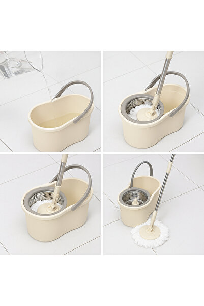 PAA-home Set Mop Rotativ PAA-home cu Galeata, Coada Metalica 360°, Cos Inox si 2 Lavete Microfibra Crem