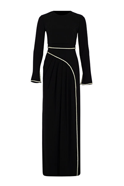 MERCI MS FANCY Asimetrik Drapeli Taş İşlemeli Saten Uzun Abiye Elbise