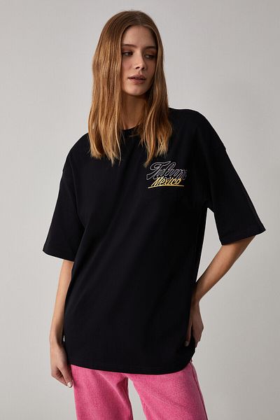 GRIMELANGE Caitlyn Women's Oversize Crew Neck Black T-Shirt