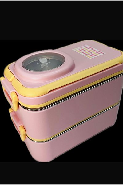 Uzspace Stainless Steel 1200ml Two Layer Insulated Lunch Box with Fork Spoon Sauce Bowl Lunch Box 8023-49
