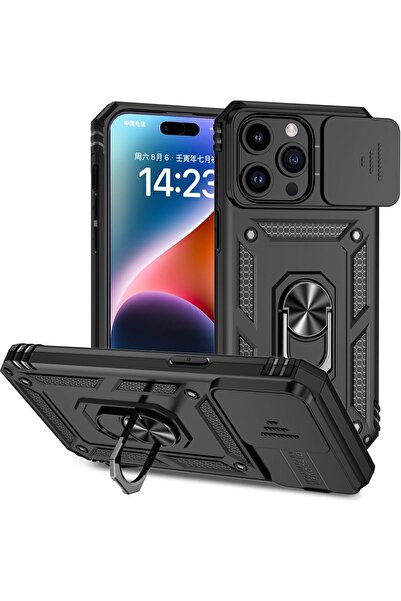 Rivor Apple iPhone 13 Pro Max Kılıf Kamera Sürgülü Standlı Yüzüklü Darbe Emic...