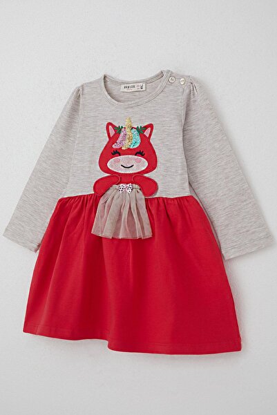 Breeze Girl's Dress for 1-4 Years - Sequin Embroidered Kitten, Beige Melange