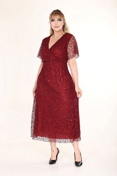 modayız Rochie de seară burgundă cu paiete, cu decolteu dublu, mărime mare 4E-2680